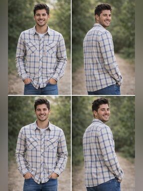 BKE Buckle Plaid Western Snap Shirt Mens Large Blue Tan Embroidered Cotton